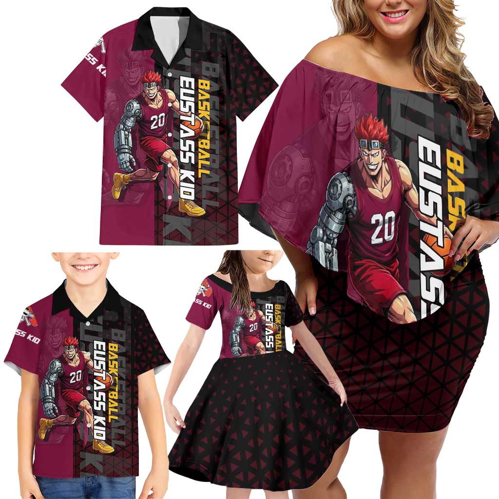 Eustass Kid One Piece Basketball Theme Red and Black Design Family Matching Off Shoulder Short Dress and Hawaiian Shirt with Flame Skull Emblem and Mechanical Arm Pose