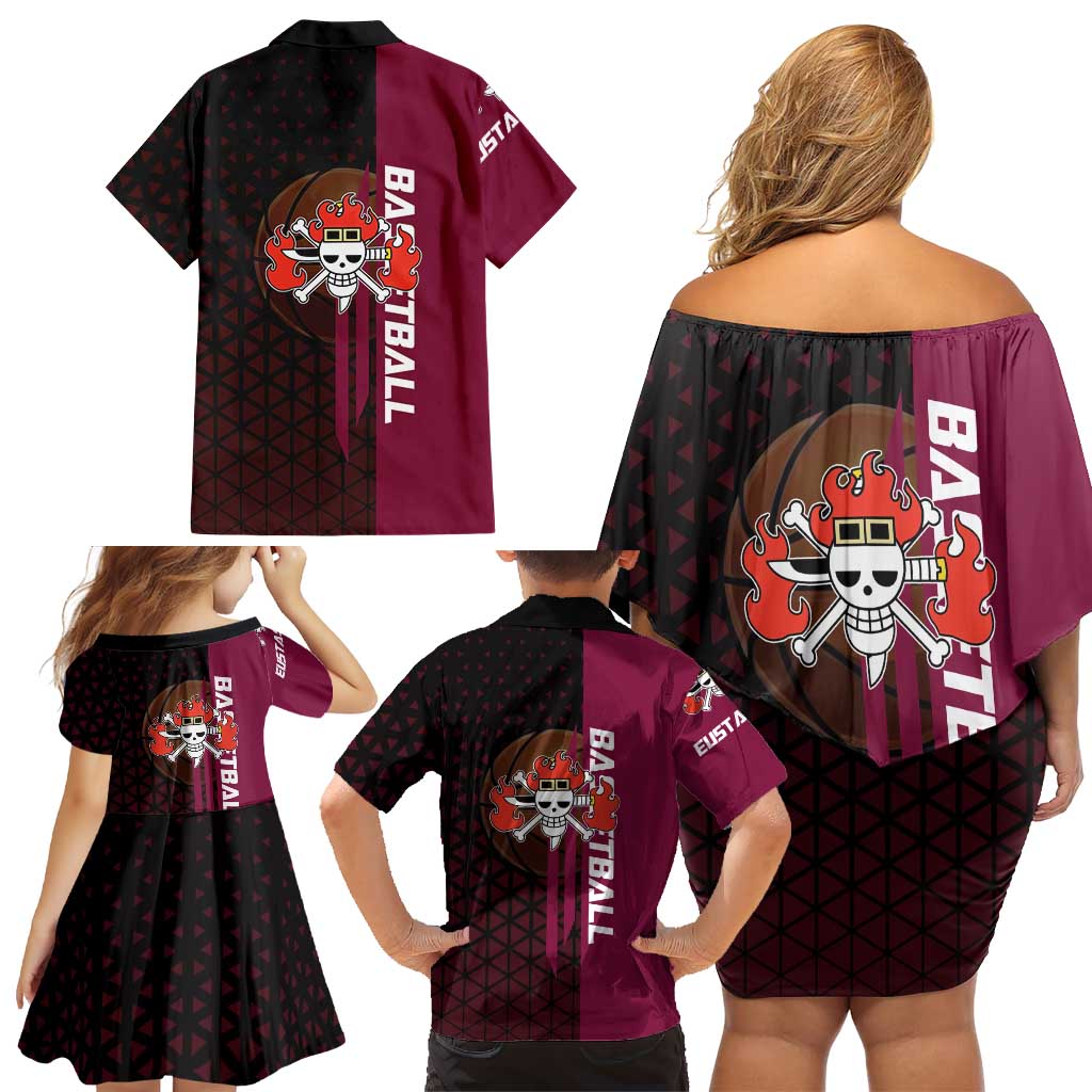 Eustass Kid One Piece Basketball Theme Red and Black Design Family Matching Off Shoulder Short Dress and Hawaiian Shirt with Flame Skull Emblem and Mechanical Arm Pose