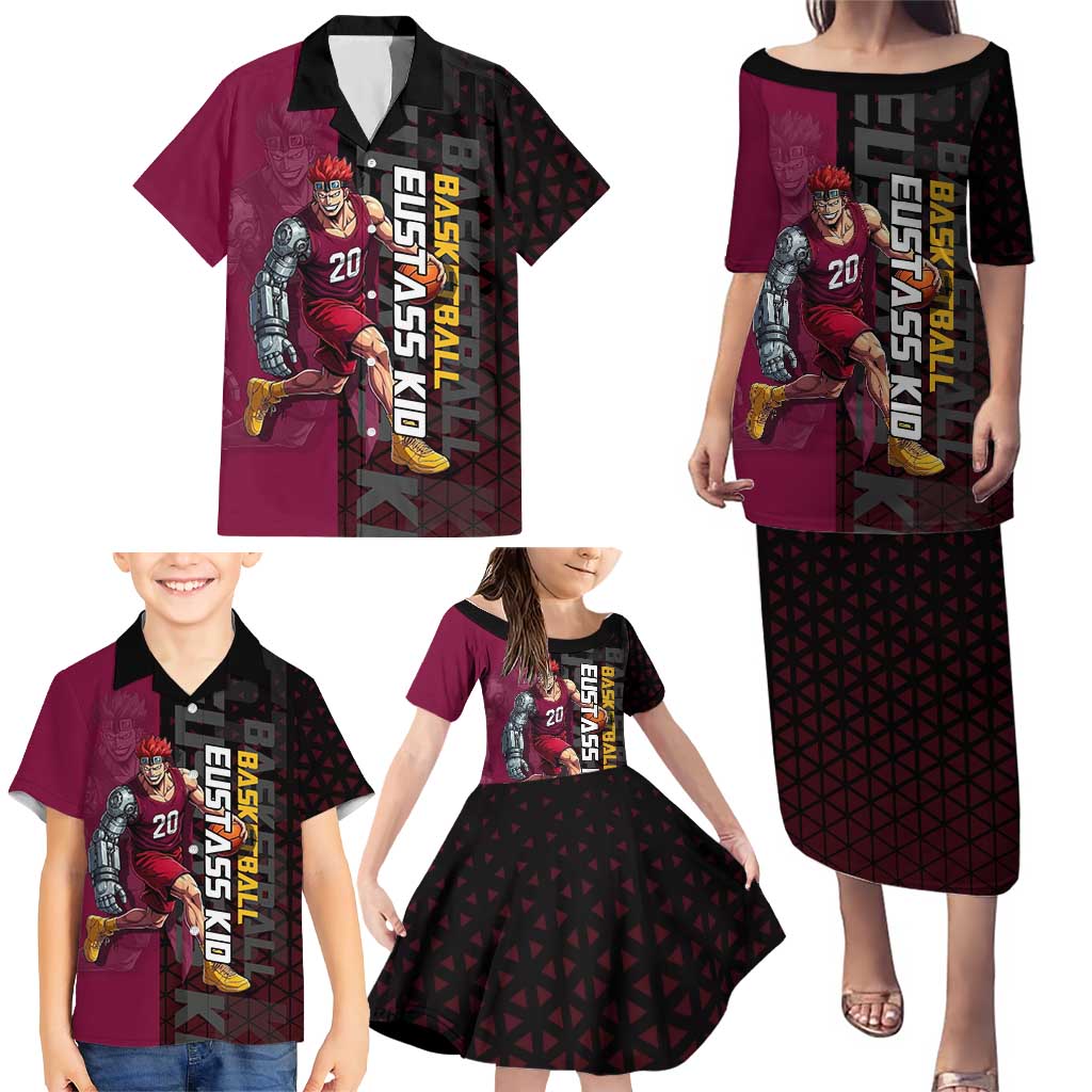 Eustass Kid One Piece Basketball Theme Red and Black Design Family Matching Puletasi and Hawaiian Shirt with Flame Skull Emblem and Mechanical Arm Pose