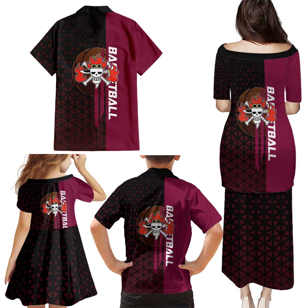 Eustass Kid One Piece Basketball Theme Red and Black Design Family Matching Puletasi and Hawaiian Shirt with Flame Skull Emblem and Mechanical Arm Pose