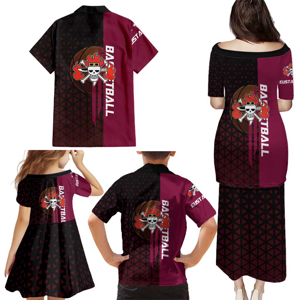 Eustass Kid One Piece Basketball Theme Red and Black Design Family Matching Puletasi and Hawaiian Shirt with Flame Skull Emblem and Mechanical Arm Pose