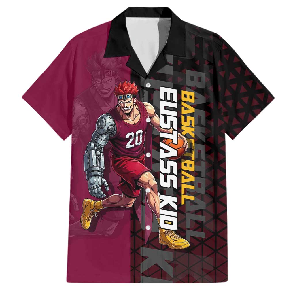 Eustass Kid One Piece Basketball Theme Red and Black Design Family Matching Puletasi and Hawaiian Shirt with Flame Skull Emblem and Mechanical Arm Pose