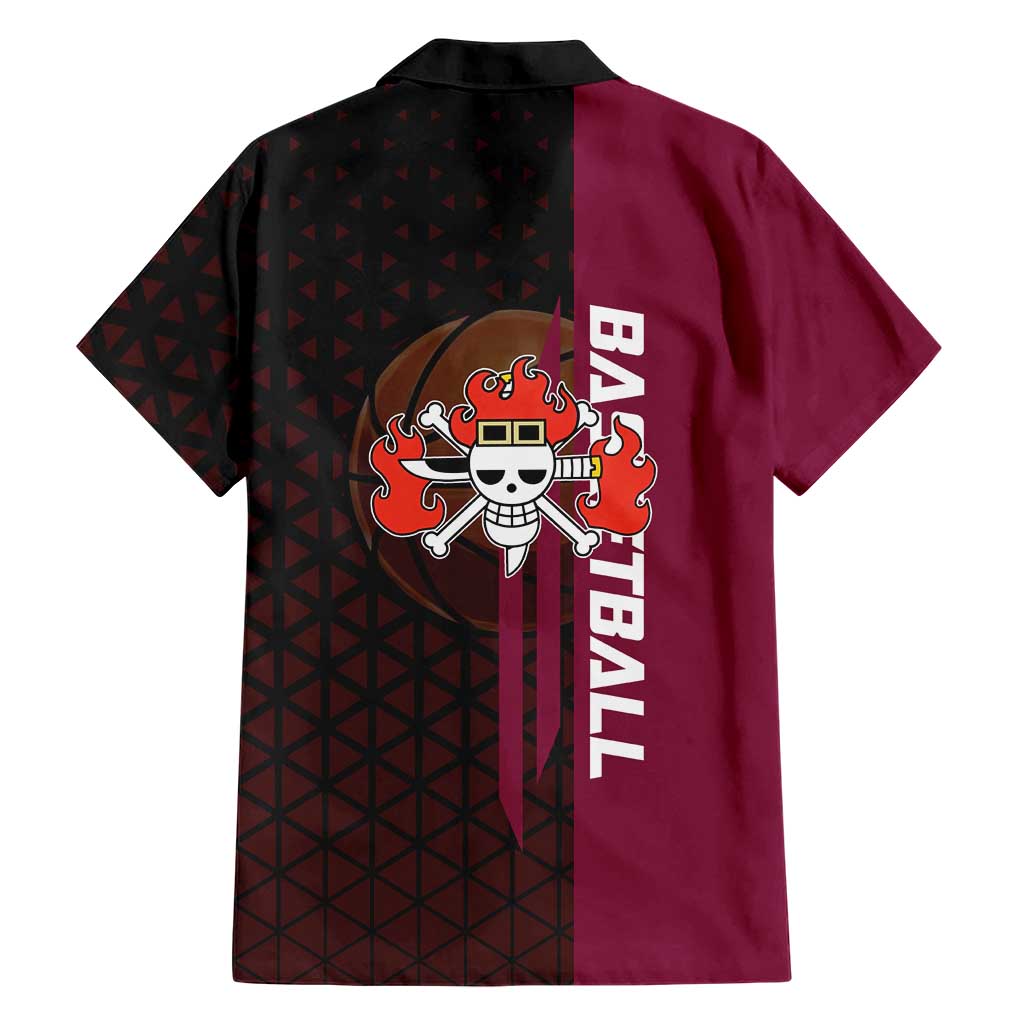 Eustass Kid One Piece Basketball Theme Red and Black Design Family Matching Puletasi and Hawaiian Shirt with Flame Skull Emblem and Mechanical Arm Pose