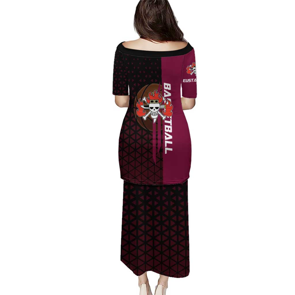 Eustass Kid One Piece Basketball Theme Red and Black Design Family Matching Puletasi and Hawaiian Shirt with Flame Skull Emblem and Mechanical Arm Pose