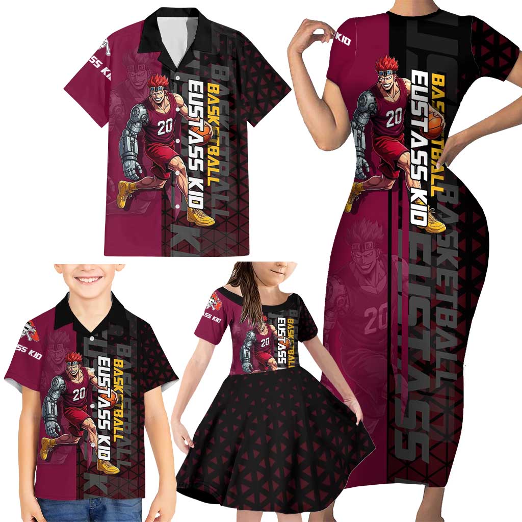 Eustass Kid One Piece Basketball Theme Red and Black Design Family Matching Short Sleeve Bodycon Dress and Hawaiian Shirt with Flame Skull Emblem and Mechanical Arm Pose