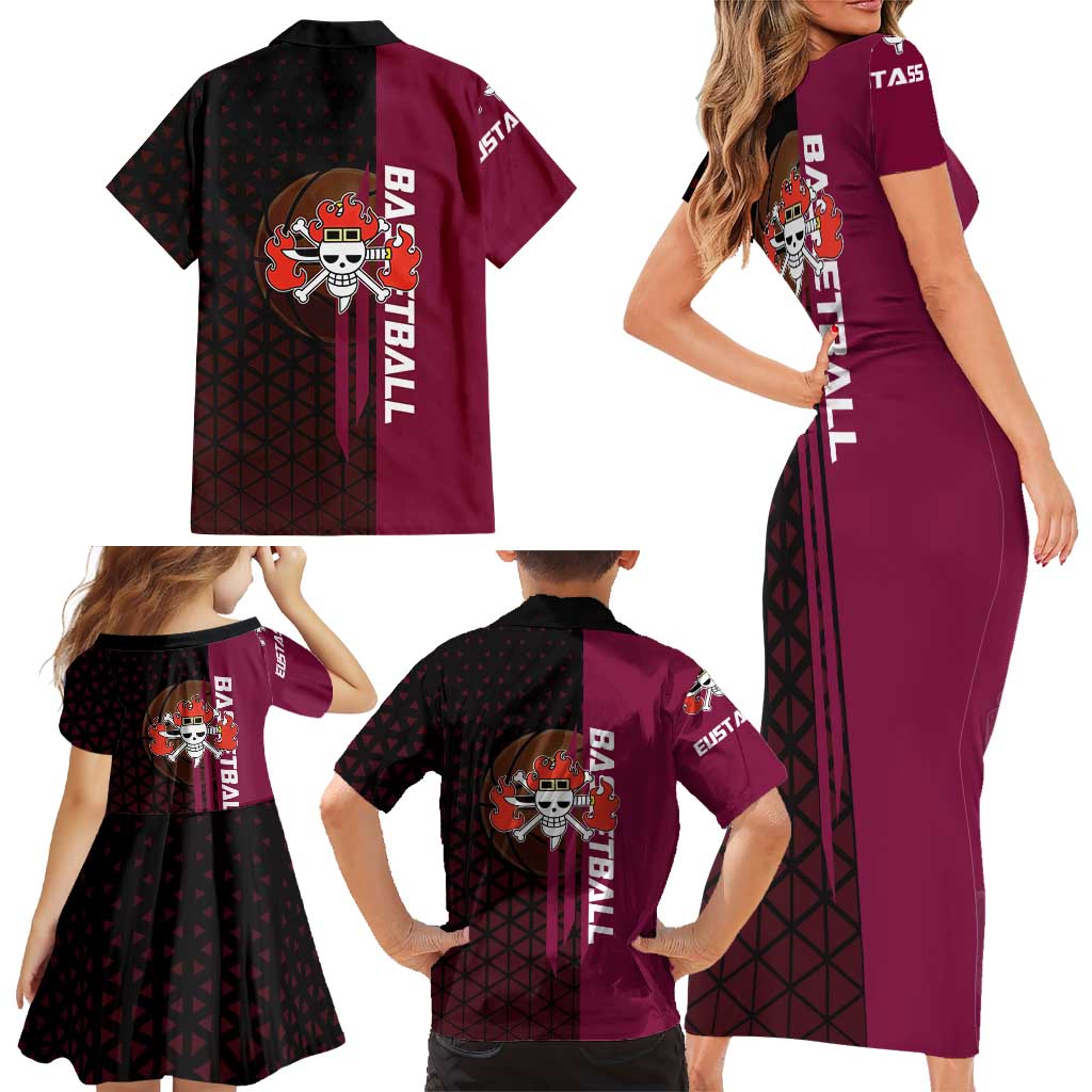 Eustass Kid One Piece Basketball Theme Red and Black Design Family Matching Short Sleeve Bodycon Dress and Hawaiian Shirt with Flame Skull Emblem and Mechanical Arm Pose