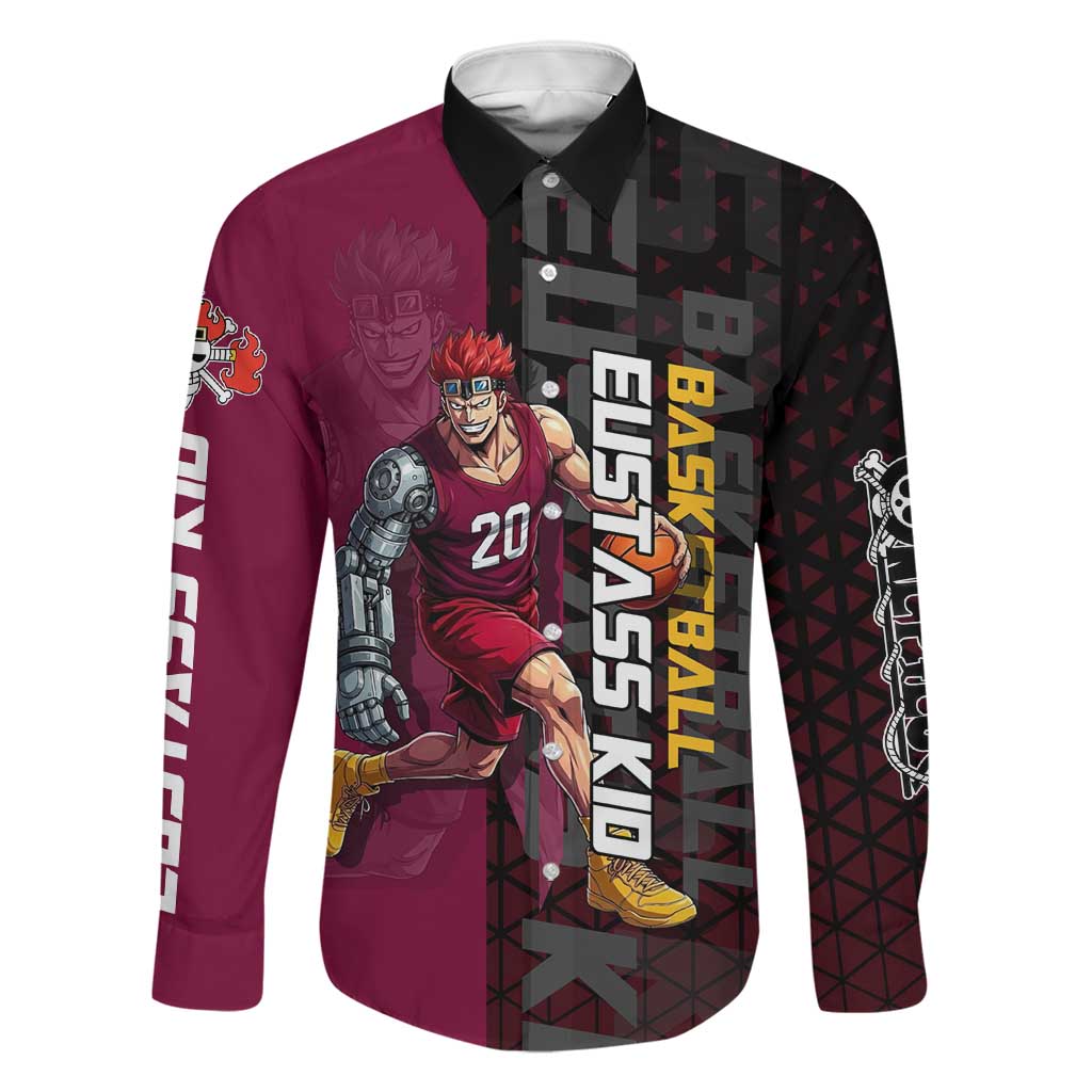 Eustass Kid One Piece Basketball Theme Red and Black Design Family Matching Short Sleeve Bodycon Dress and Hawaiian Shirt with Flame Skull Emblem and Mechanical Arm Pose