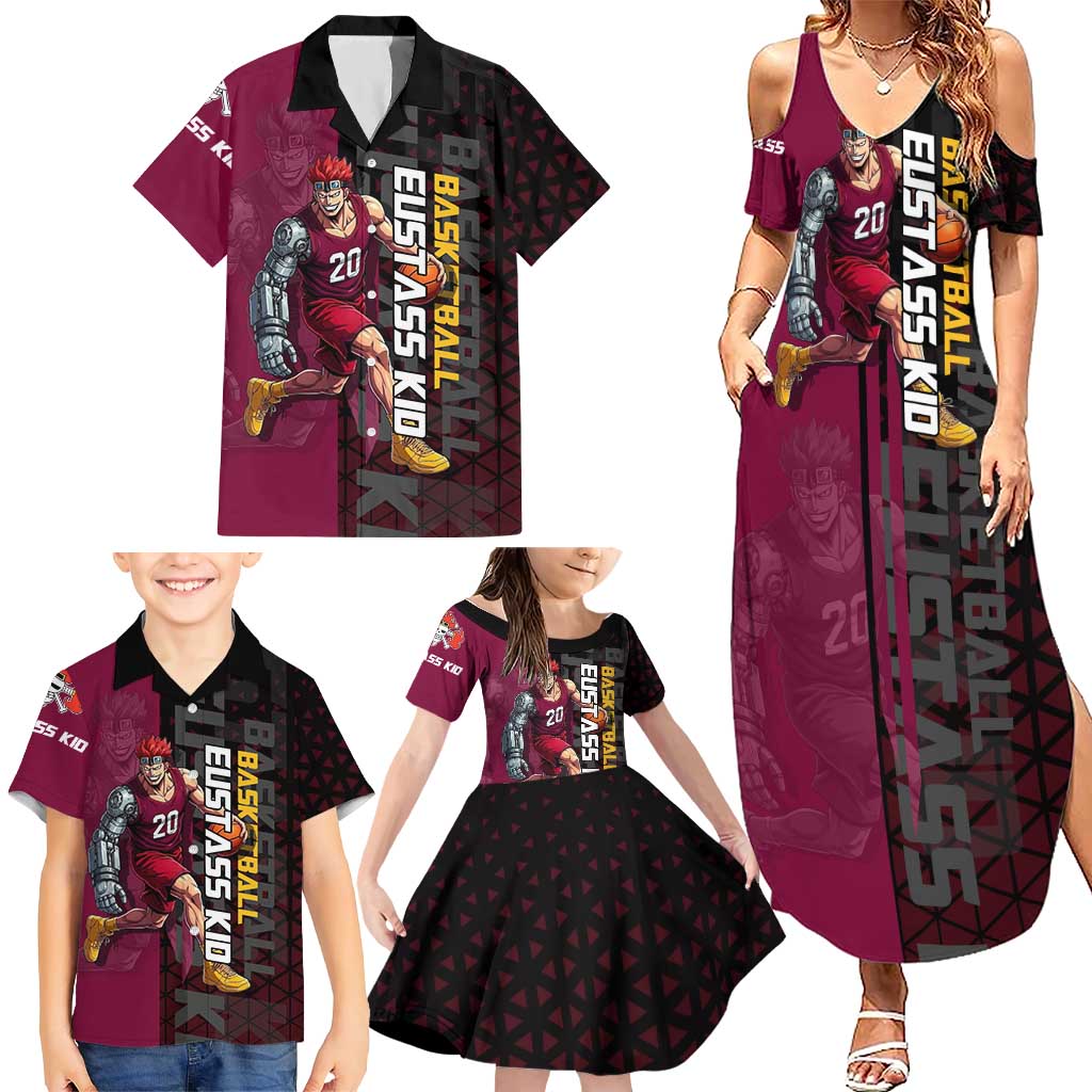 Eustass Kid One Piece Basketball Theme Red and Black Design Family Matching Summer Maxi Dress and Hawaiian Shirt with Flame Skull Emblem and Mechanical Arm Pose