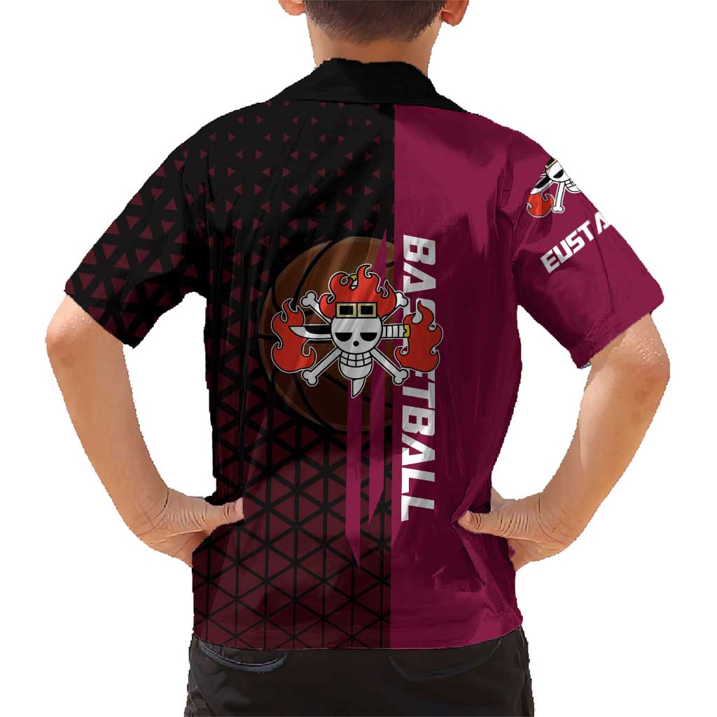 Eustass Kid One Piece Basketball Theme Red and Black Design Family Matching Summer Maxi Dress and Hawaiian Shirt with Flame Skull Emblem and Mechanical Arm Pose