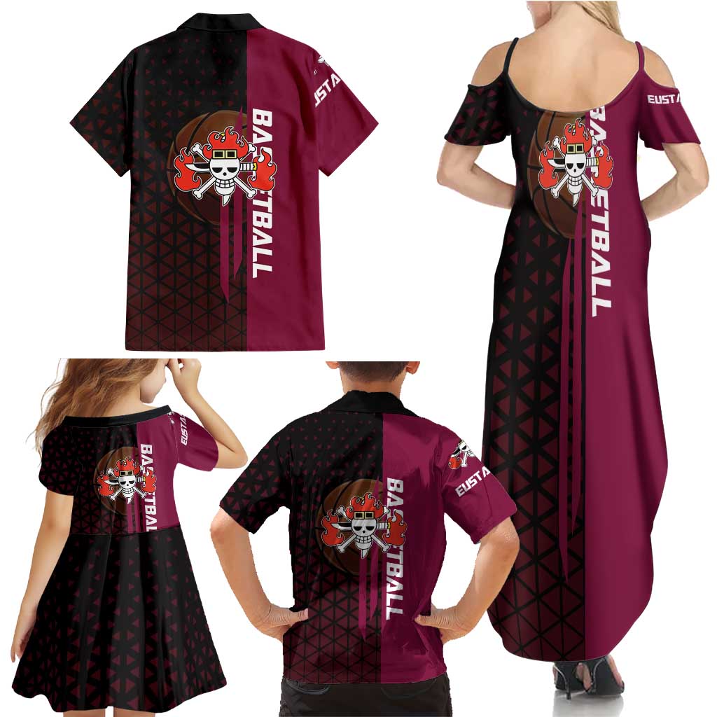 Eustass Kid One Piece Basketball Theme Red and Black Design Family Matching Summer Maxi Dress and Hawaiian Shirt with Flame Skull Emblem and Mechanical Arm Pose