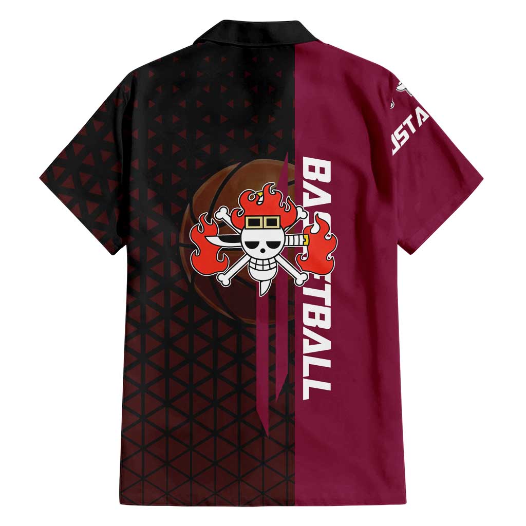 Eustass Kid One Piece Basketball Theme Red and Black Design Family Matching Summer Maxi Dress and Hawaiian Shirt with Flame Skull Emblem and Mechanical Arm Pose