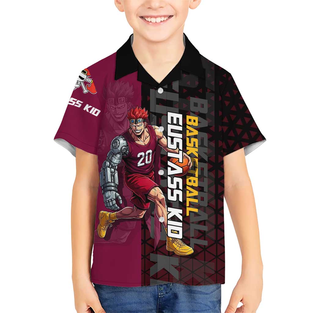 Eustass Kid One Piece Basketball Theme Red and Black Design Family Matching Summer Maxi Dress and Hawaiian Shirt with Flame Skull Emblem and Mechanical Arm Pose