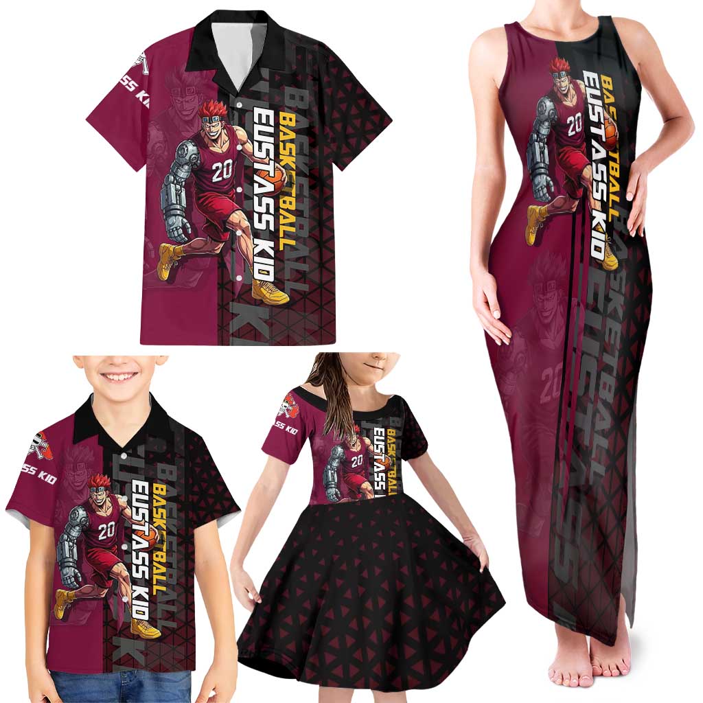 Eustass Kid One Piece Basketball Theme Red and Black Design Family Matching Tank Maxi Dress and Hawaiian Shirt with Flame Skull Emblem and Mechanical Arm Pose