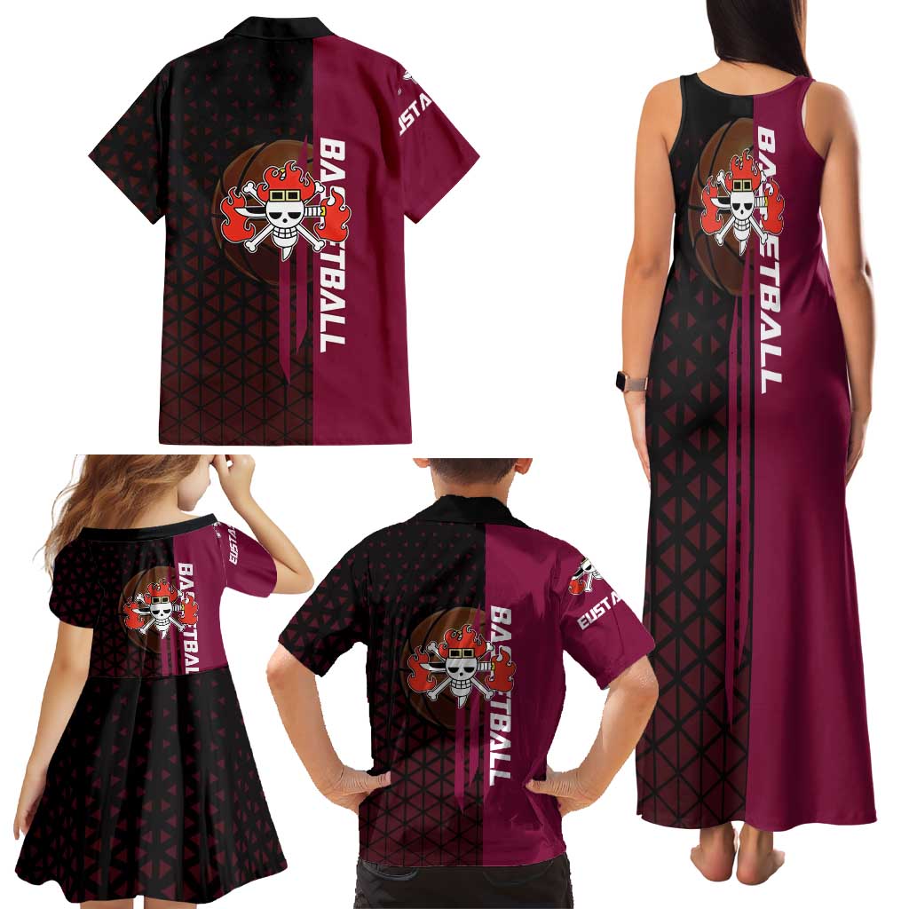 Eustass Kid One Piece Basketball Theme Red and Black Design Family Matching Tank Maxi Dress and Hawaiian Shirt with Flame Skull Emblem and Mechanical Arm Pose