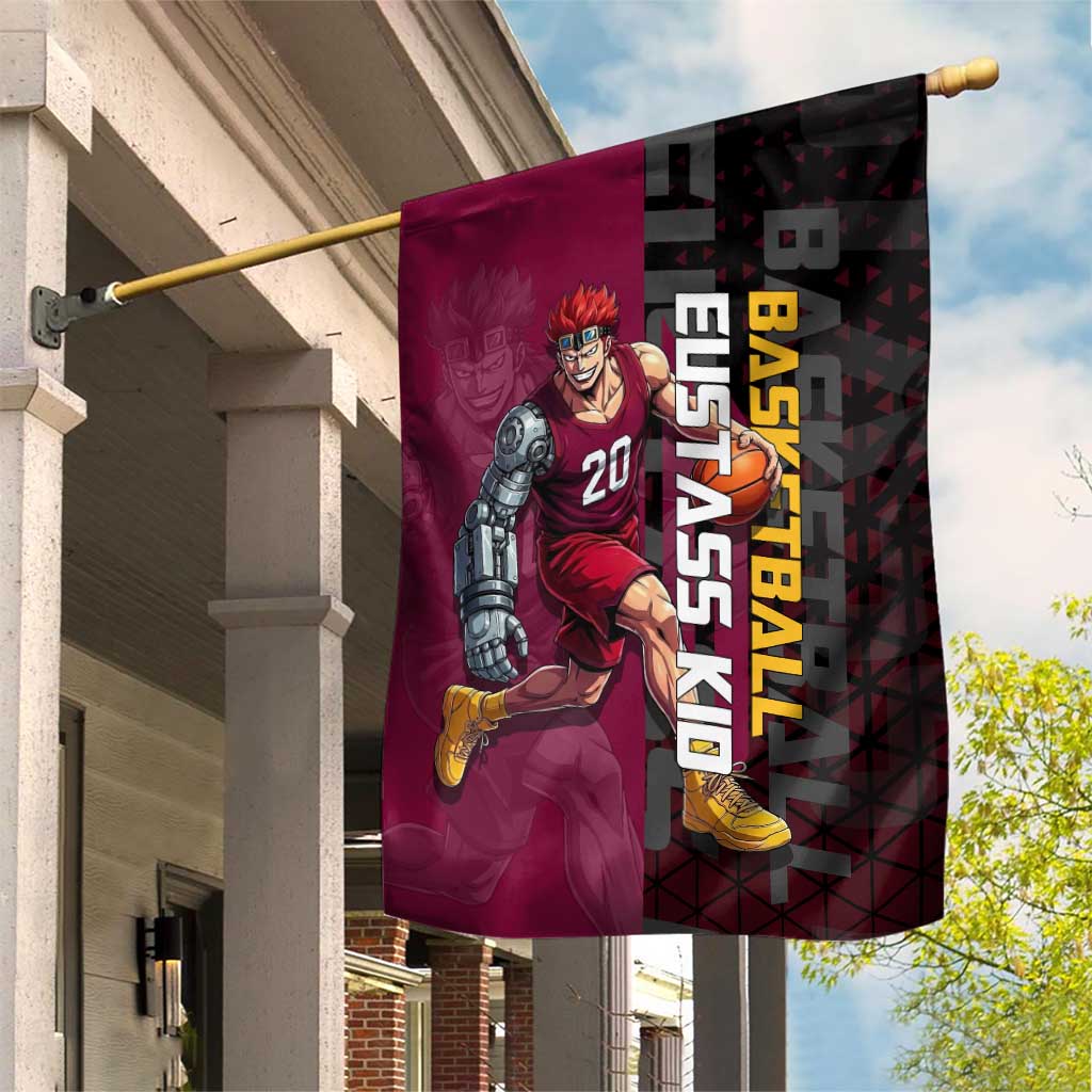 Eustass Kid One Piece Basketball Theme Red and Black Design Garden Flag with Flame Skull Emblem and Mechanical Arm Pose - The Mazicc