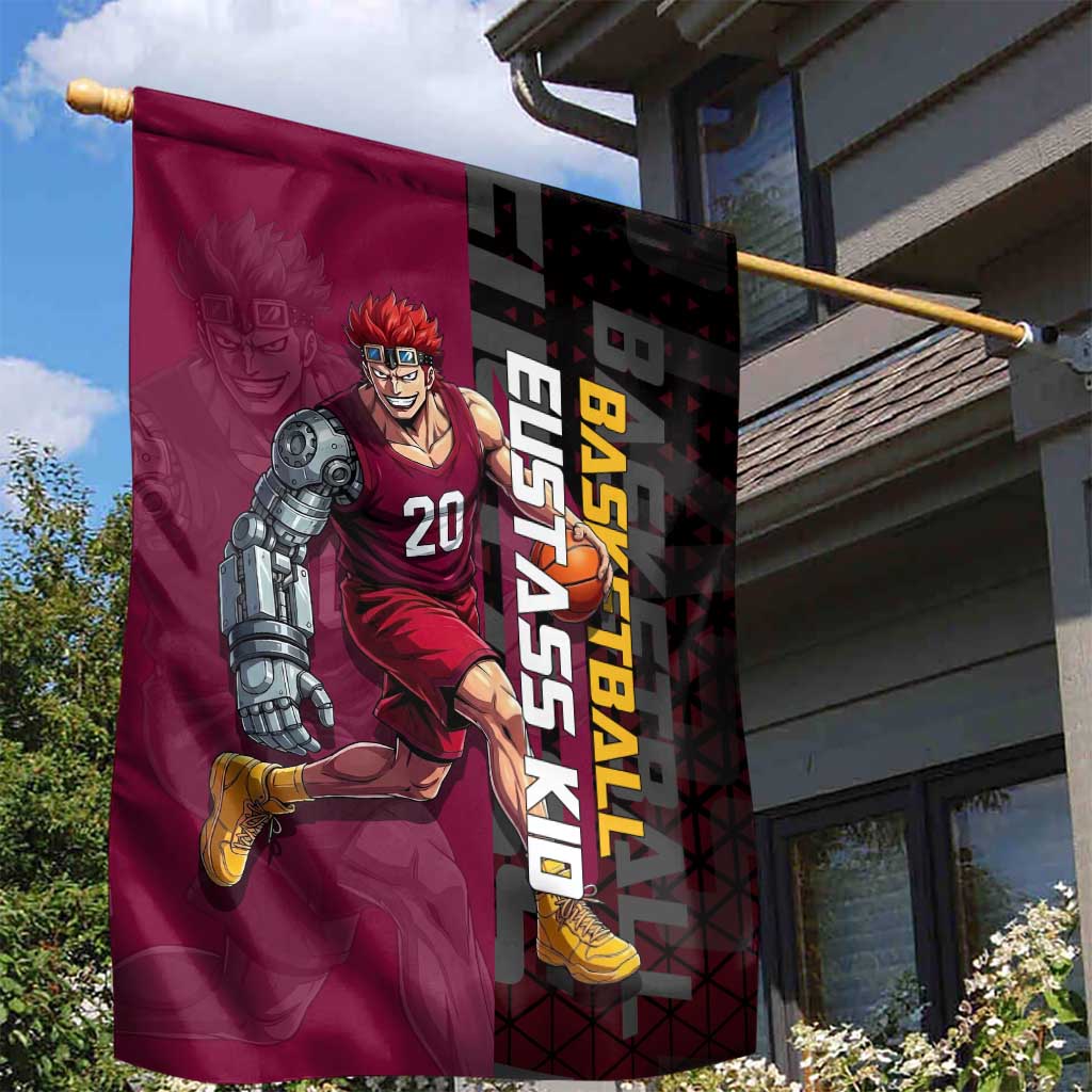 Eustass Kid One Piece Basketball Theme Red and Black Design Garden Flag with Flame Skull Emblem and Mechanical Arm Pose - The Mazicc