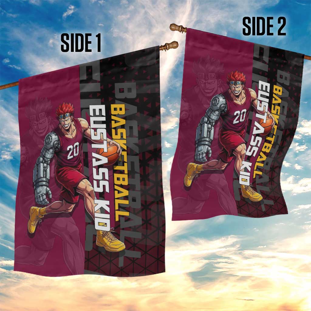 Eustass Kid One Piece Basketball Theme Red and Black Design Garden Flag with Flame Skull Emblem and Mechanical Arm Pose - The Mazicc
