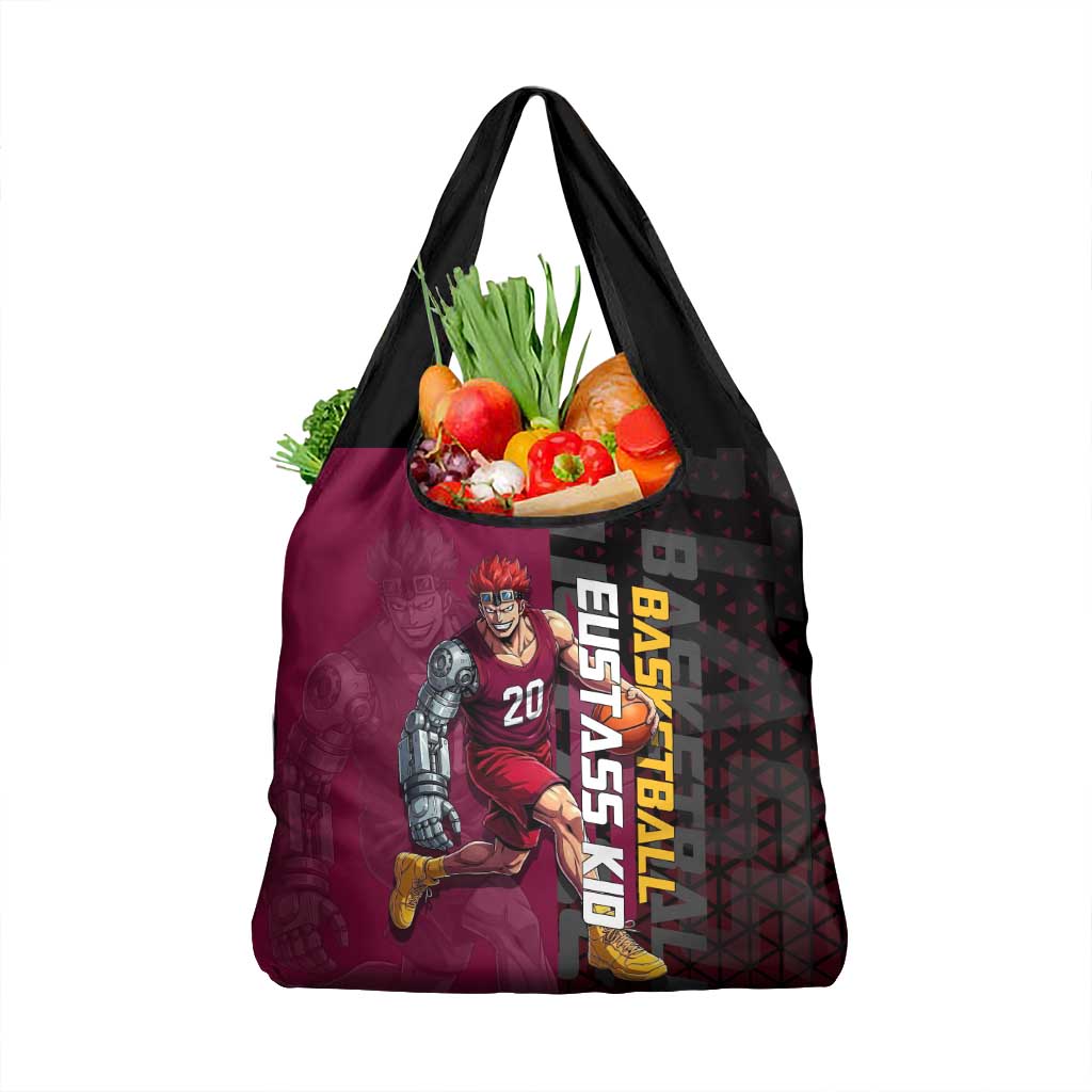 Eustass Kid One Piece Basketball Theme Red and Black Design Grocery Bag with Flame Skull Emblem and Mechanical Arm Pose - The Mazicc