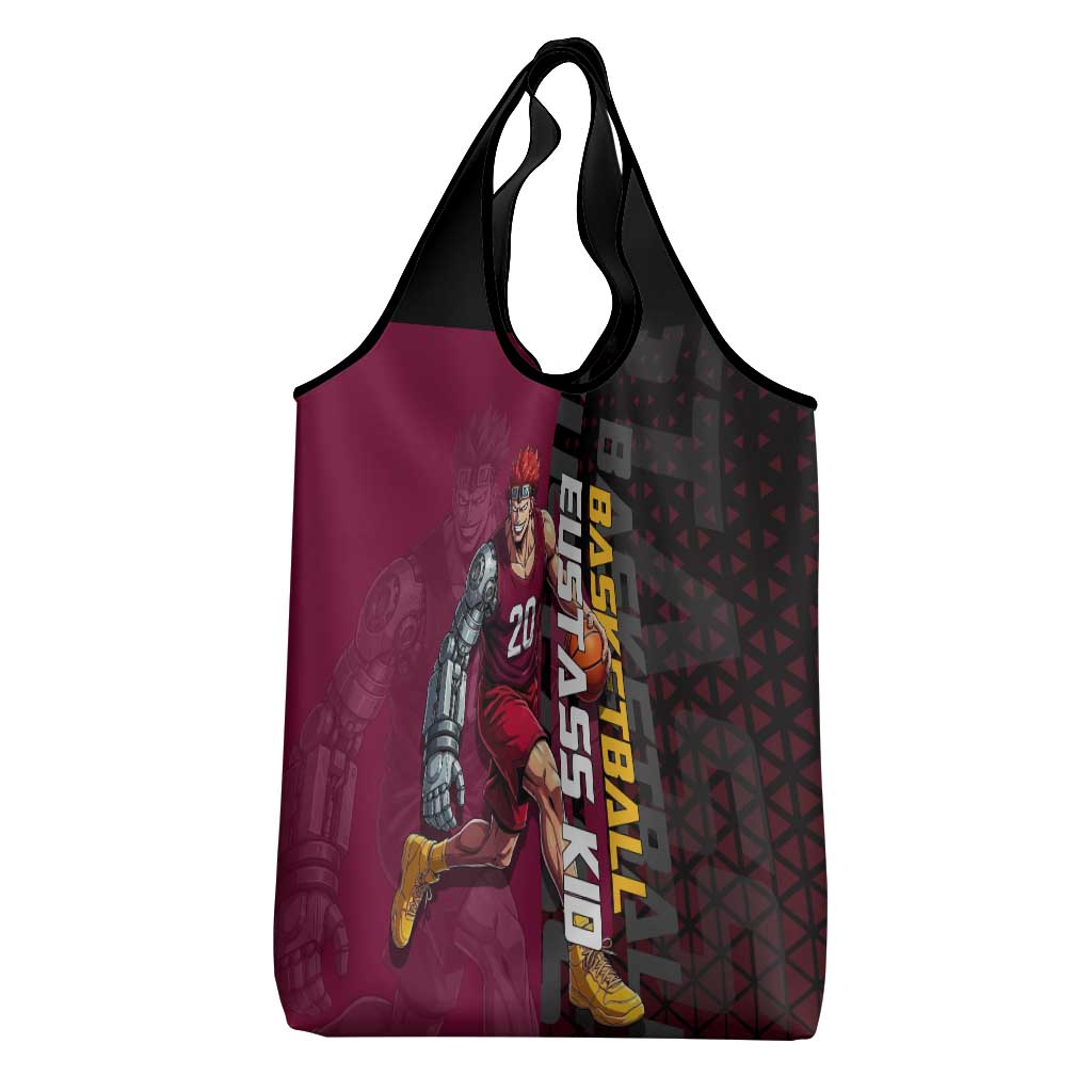 Eustass Kid One Piece Basketball Theme Red and Black Design Grocery Bag with Flame Skull Emblem and Mechanical Arm Pose - The Mazicc