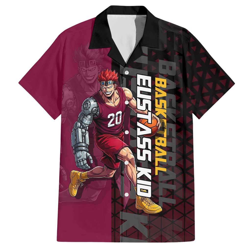 Eustass Kid One Piece Basketball Theme Red and Black Design Hawaiian Shirt with Flame Skull Emblem and Mechanical Arm Pose - The Mazicc
