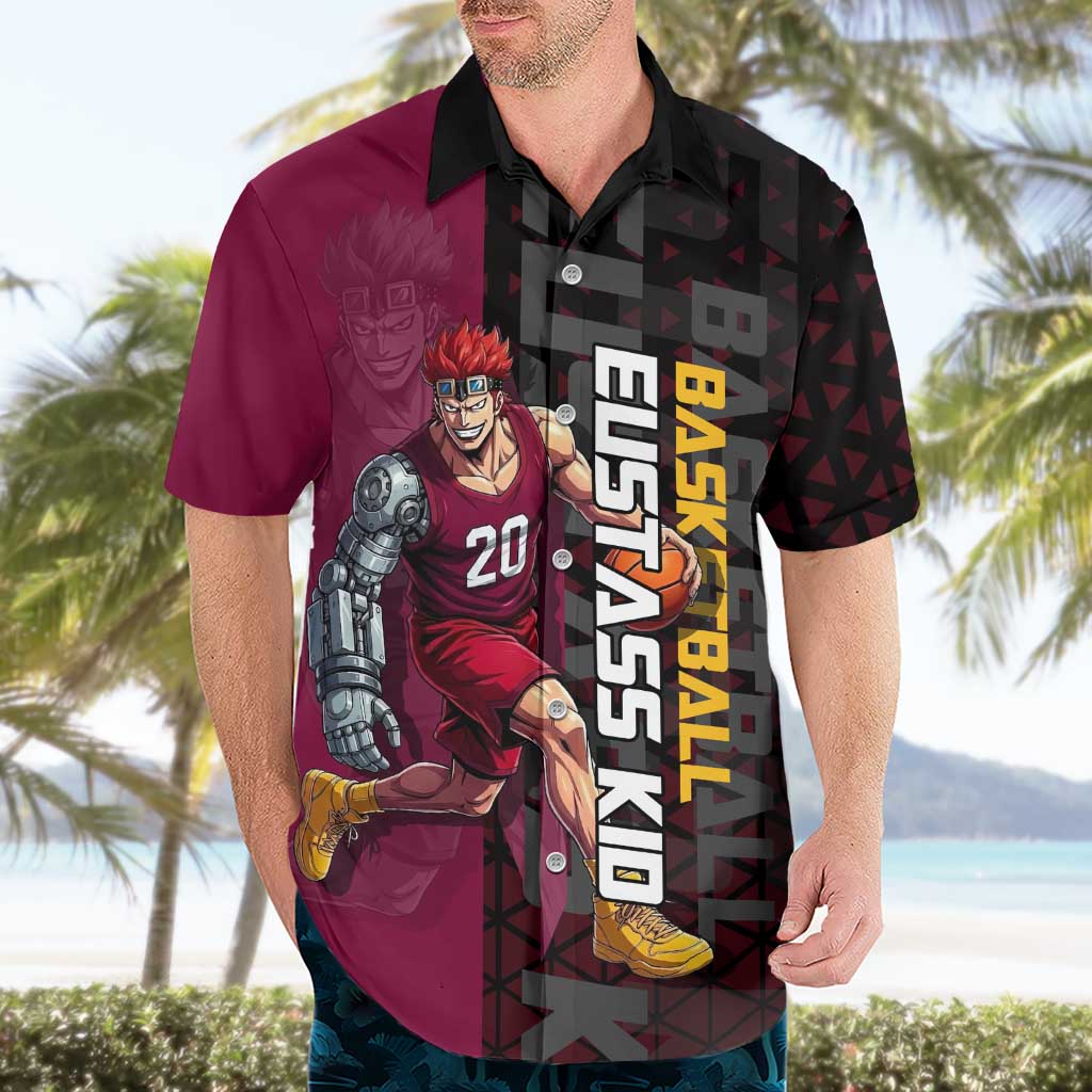 Eustass Kid One Piece Basketball Theme Red and Black Design Hawaiian Shirt with Flame Skull Emblem and Mechanical Arm Pose - The Mazicc