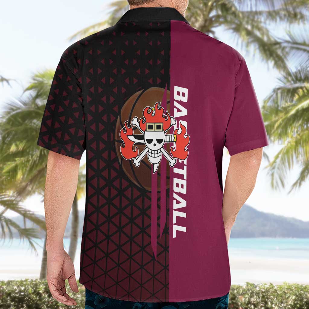 Eustass Kid One Piece Basketball Theme Red and Black Design Hawaiian Shirt with Flame Skull Emblem and Mechanical Arm Pose - The Mazicc