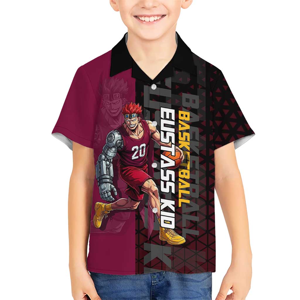Eustass Kid One Piece Basketball Theme Red and Black Design Hawaiian Shirt with Flame Skull Emblem and Mechanical Arm Pose - The Mazicc
