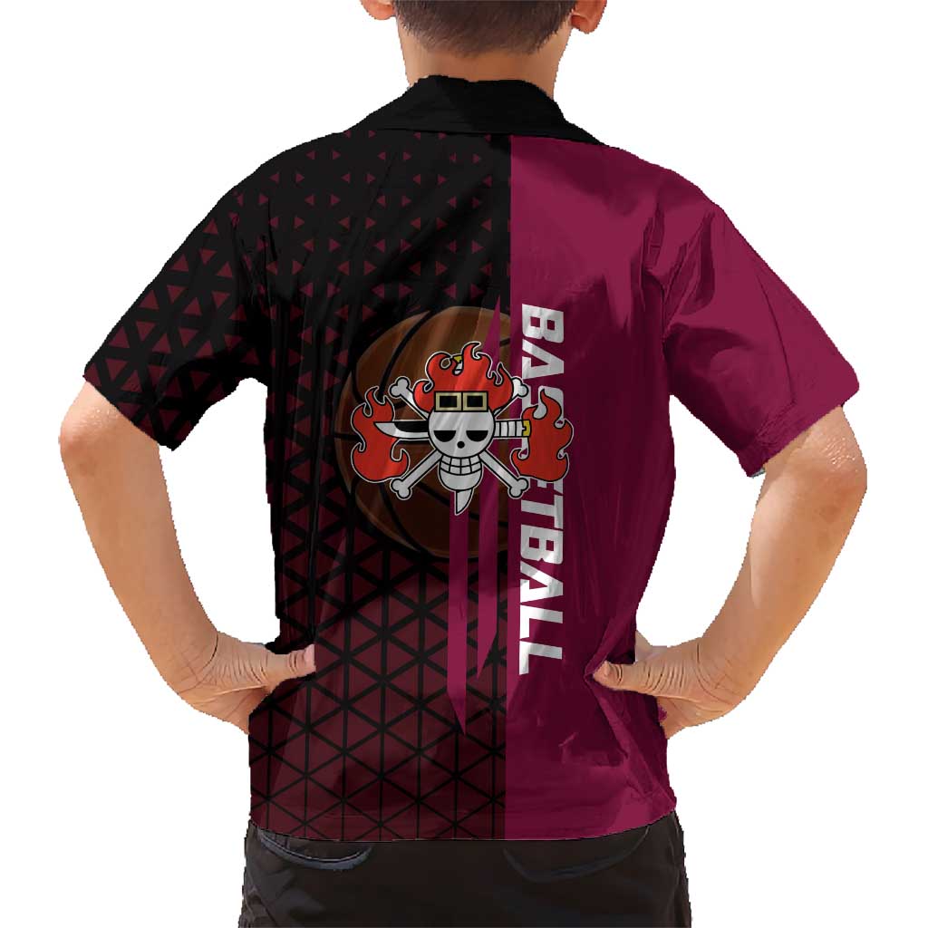Eustass Kid One Piece Basketball Theme Red and Black Design Hawaiian Shirt with Flame Skull Emblem and Mechanical Arm Pose - The Mazicc