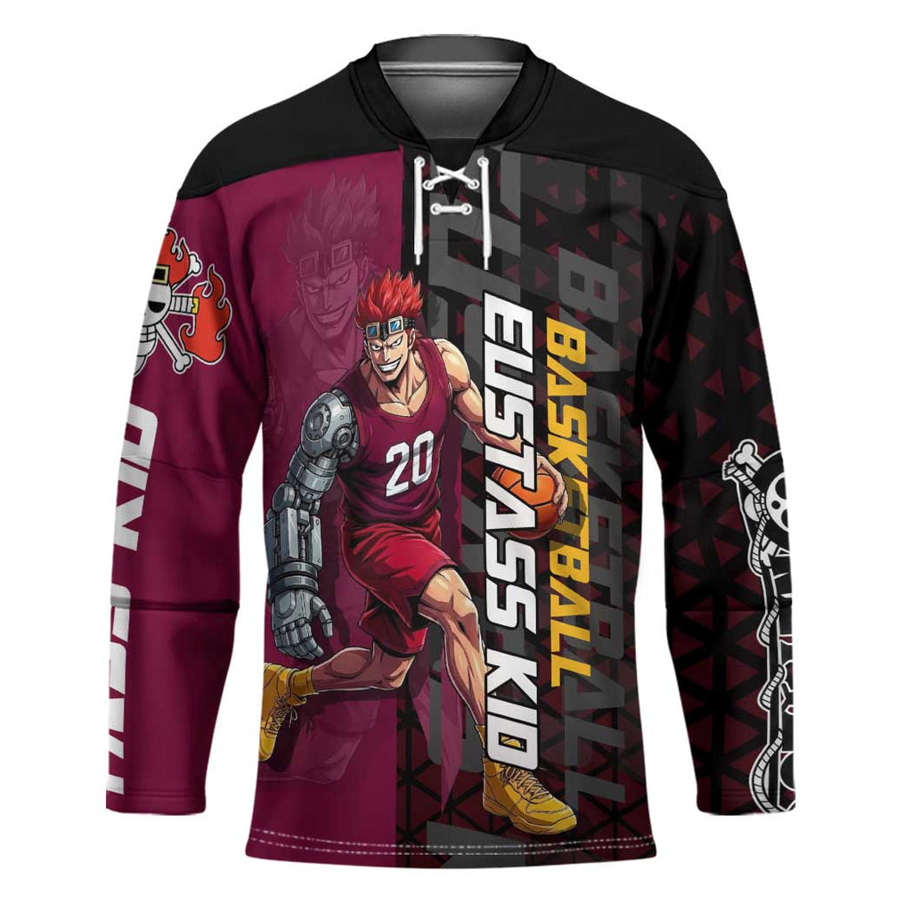 Eustass Kid One Piece Basketball Theme Red and Black Design Hockey Jersey with Flame Skull Emblem and Mechanical Arm Pose - The Mazicc