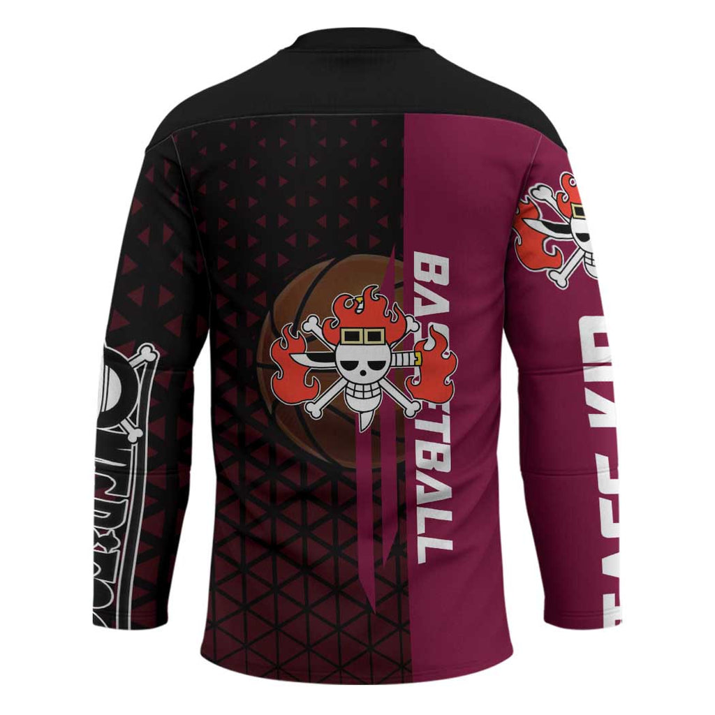 Eustass Kid One Piece Basketball Theme Red and Black Design Hockey Jersey with Flame Skull Emblem and Mechanical Arm Pose - The Mazicc