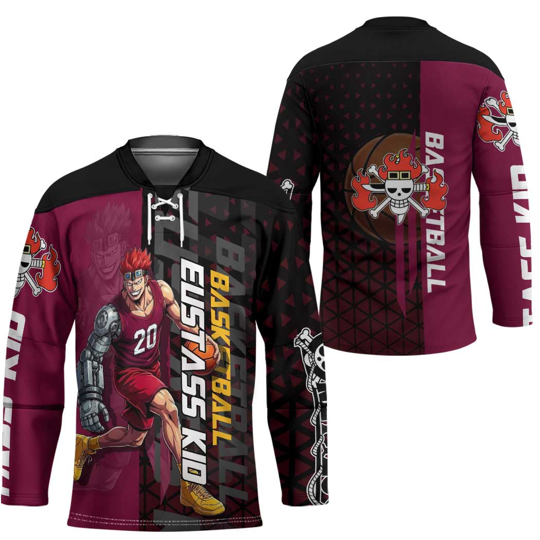 Eustass Kid One Piece Basketball Theme Red and Black Design Hockey Jersey with Flame Skull Emblem and Mechanical Arm Pose - The Mazicc