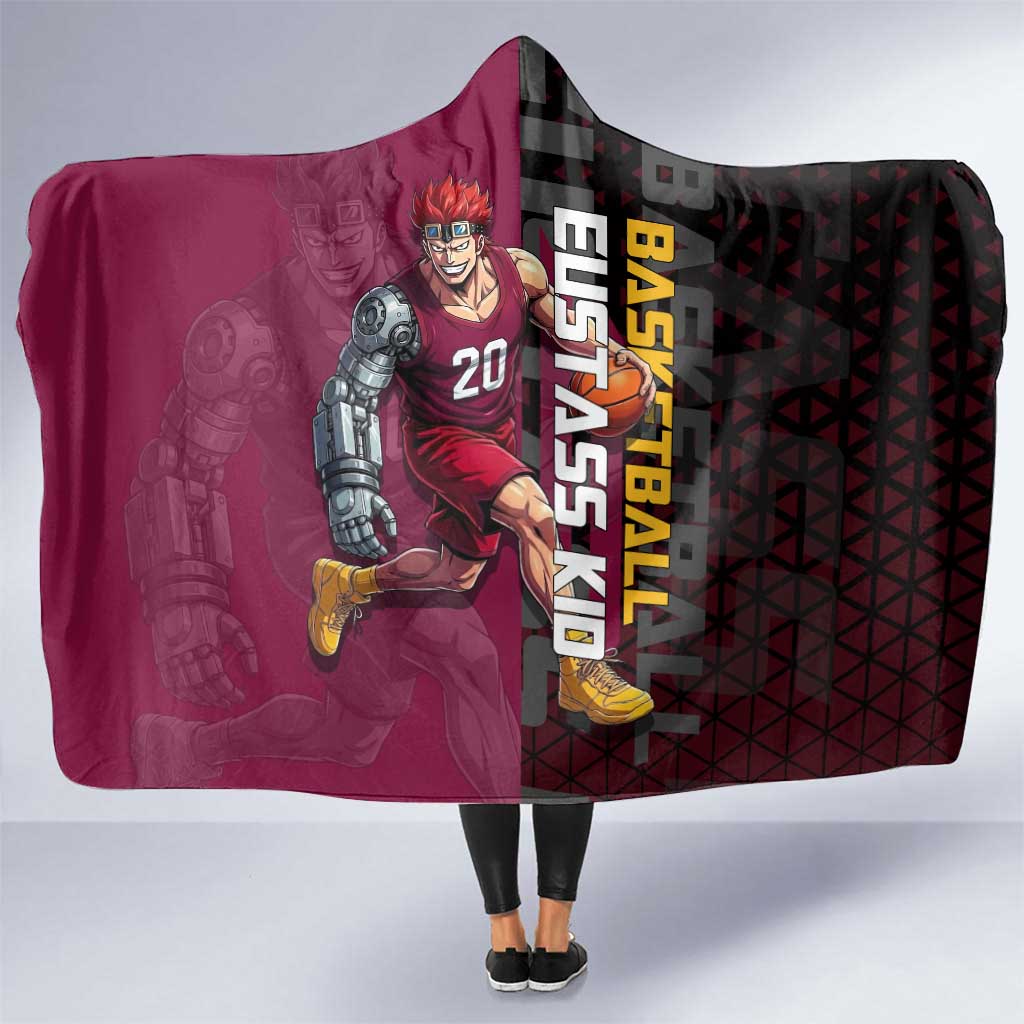 Eustass Kid One Piece Basketball Theme Red and Black Design Hooded Blanket with Flame Skull Emblem and Mechanical Arm Pose - The Mazicc
