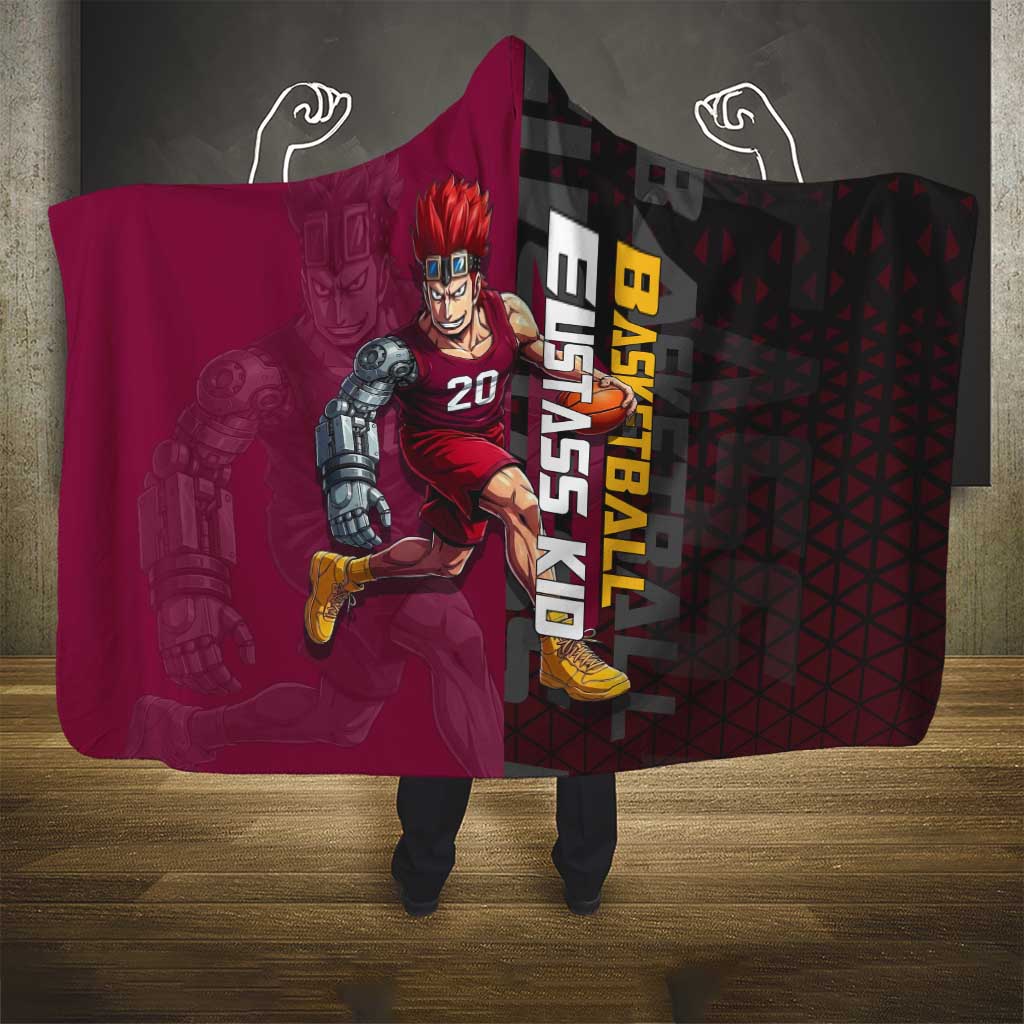 Eustass Kid One Piece Basketball Theme Red and Black Design Hooded Blanket with Flame Skull Emblem and Mechanical Arm Pose - The Mazicc