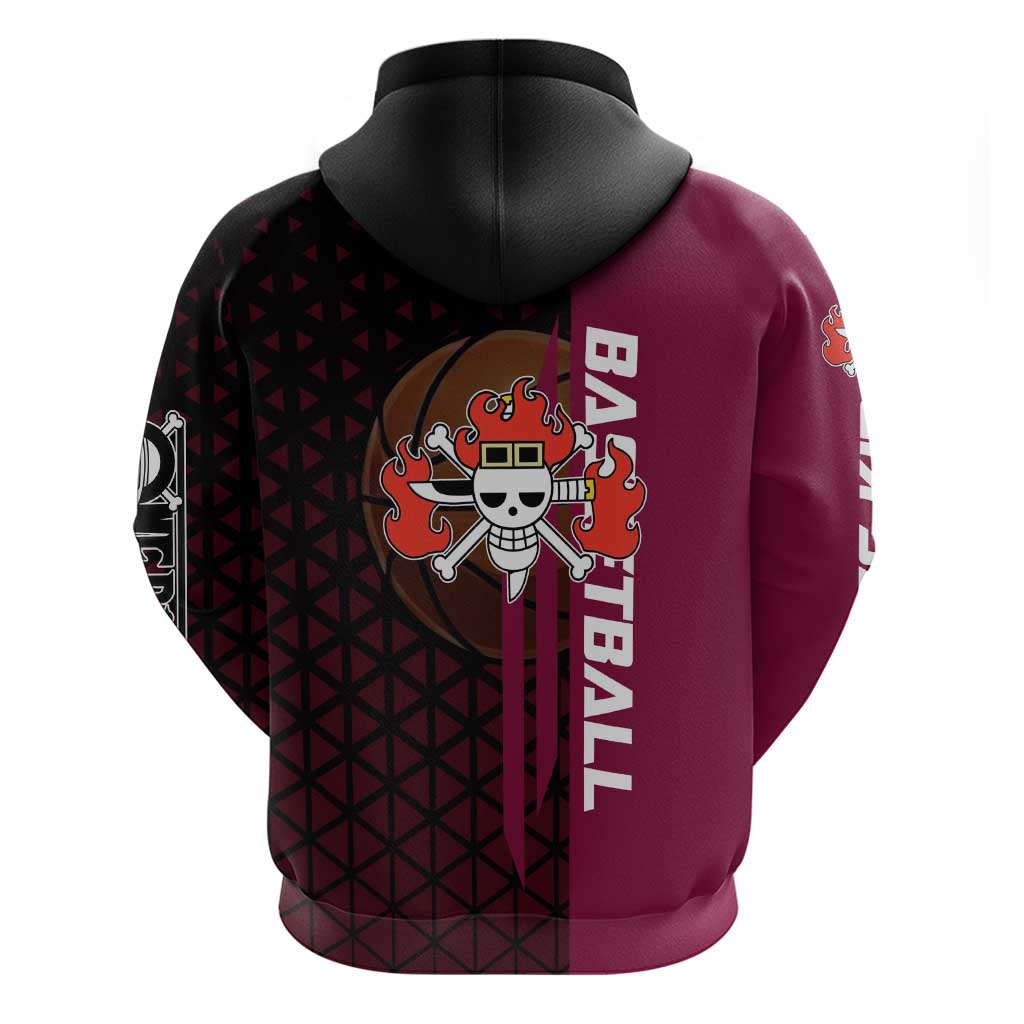 Eustass Kid One Piece Basketball Theme Red and Black Design Hoodie with Flame Skull Emblem and Mechanical Arm Pose - The Mazicc