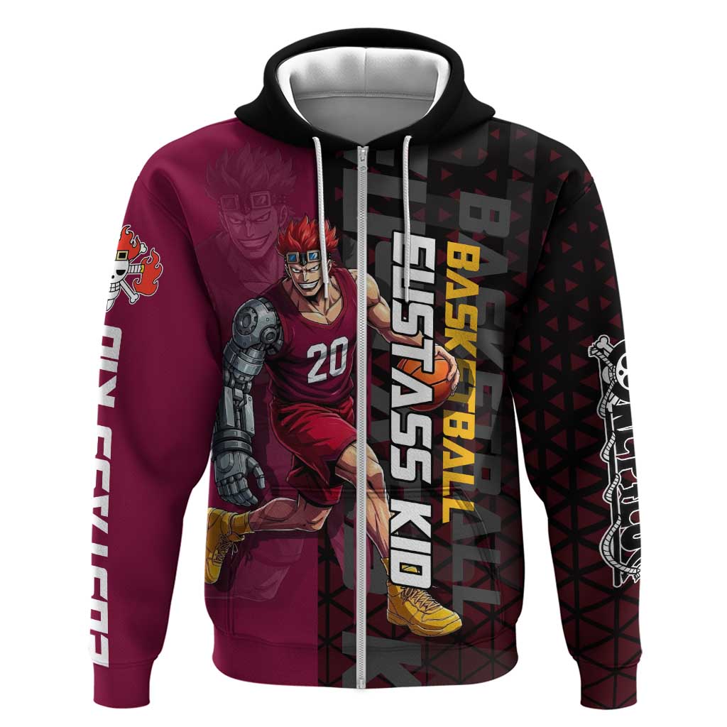 Eustass Kid One Piece Basketball Theme Red and Black Design Hoodie with Flame Skull Emblem and Mechanical Arm Pose - The Mazicc