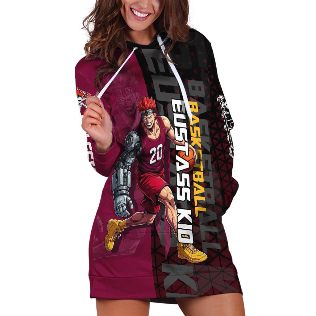Eustass Kid One Piece Basketball Theme Red and Black Design Hoodie Dress with Flame Skull Emblem and Mechanical Arm Pose - The Mazicc