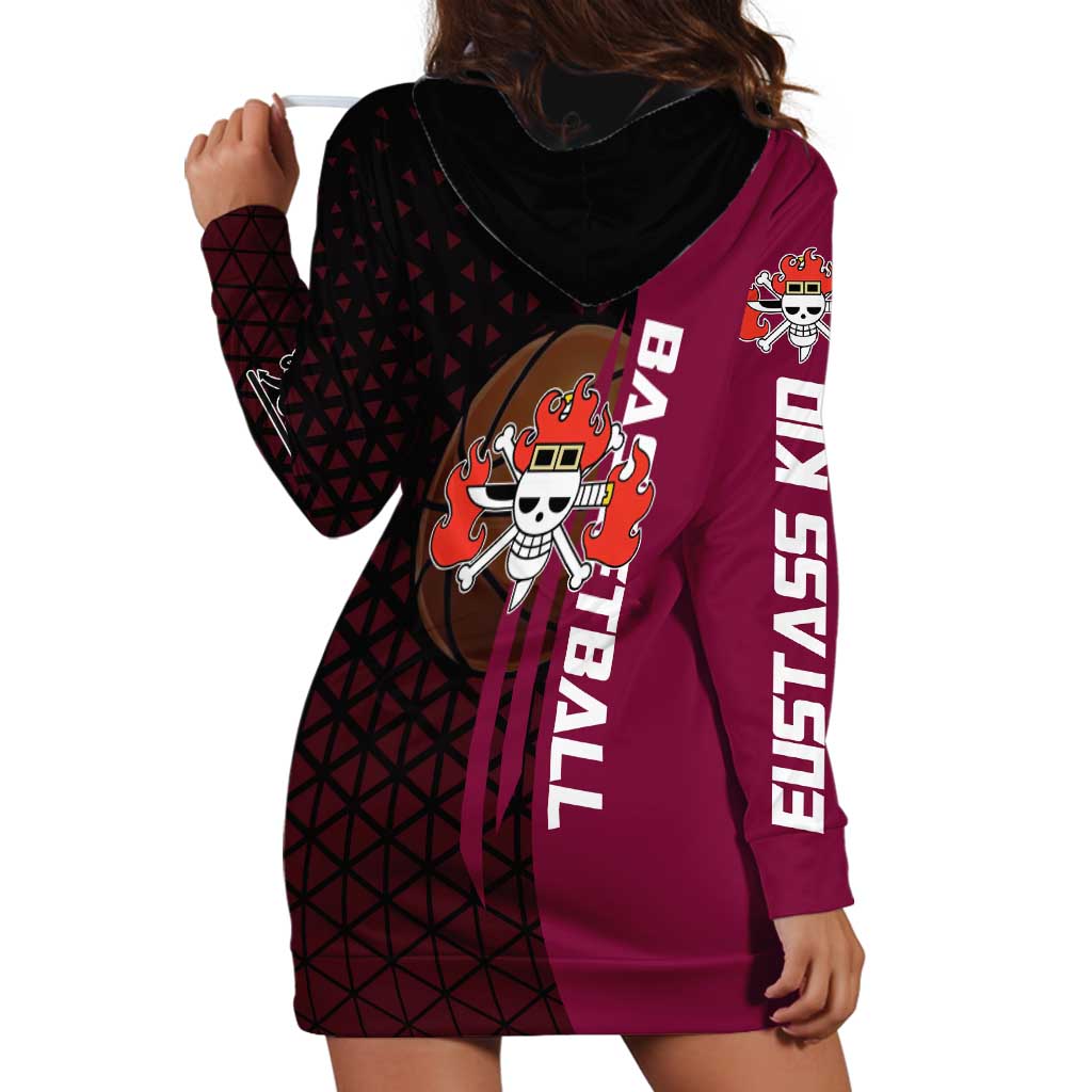 Eustass Kid One Piece Basketball Theme Red and Black Design Hoodie Dress with Flame Skull Emblem and Mechanical Arm Pose - The Mazicc
