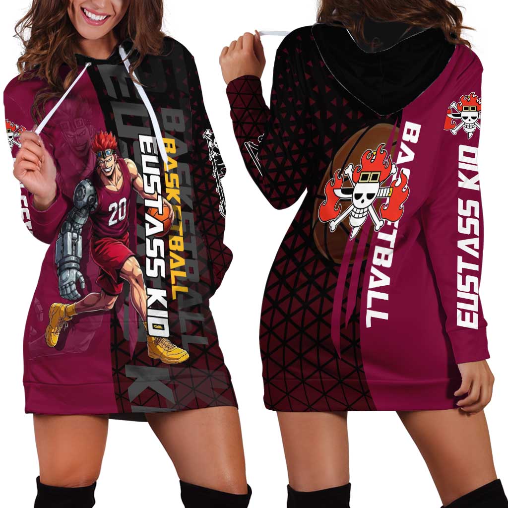 Eustass Kid One Piece Basketball Theme Red and Black Design Hoodie Dress with Flame Skull Emblem and Mechanical Arm Pose - The Mazicc