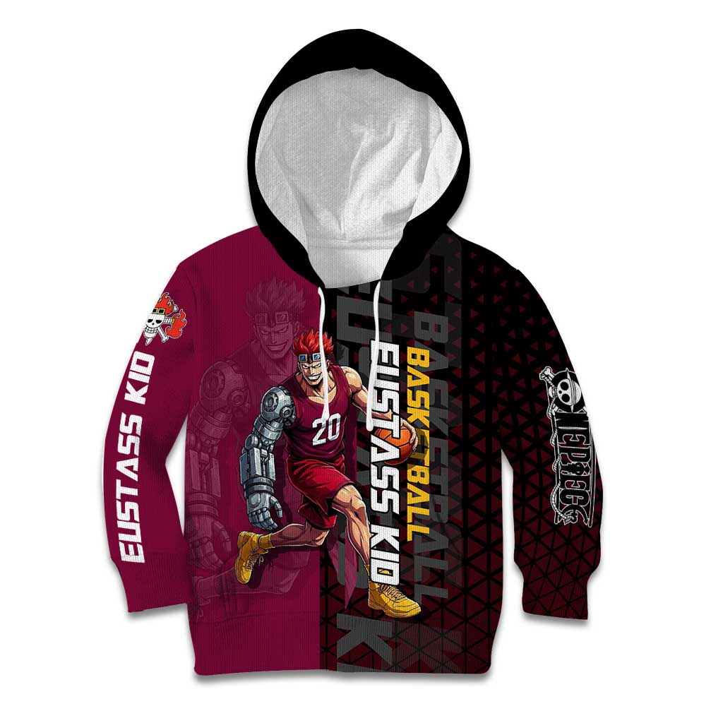 Eustass Kid One Piece Basketball Theme Red and Black Design Kid Hoodie with Flame Skull Emblem and Mechanical Arm Pose - The Mazicc
