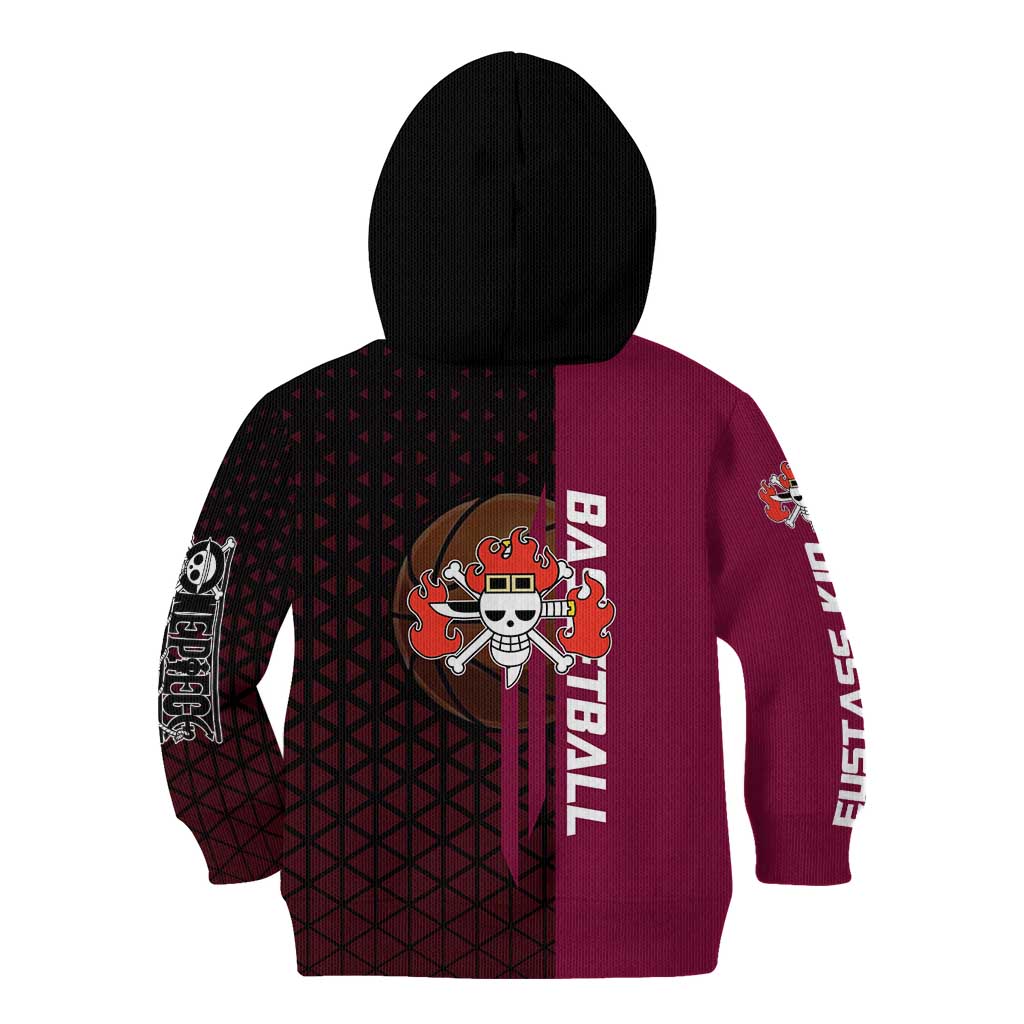 Eustass Kid One Piece Basketball Theme Red and Black Design Kid Hoodie with Flame Skull Emblem and Mechanical Arm Pose - The Mazicc