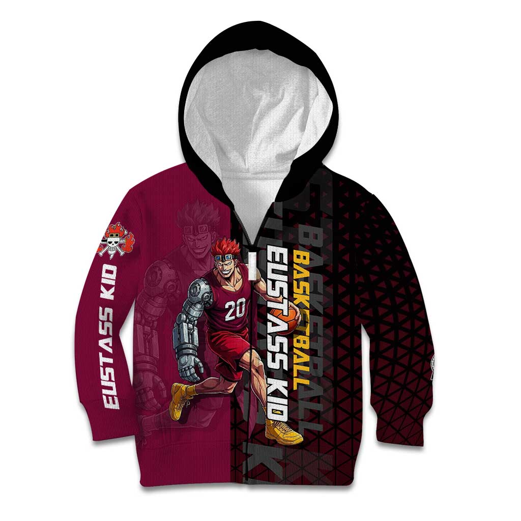 Eustass Kid One Piece Basketball Theme Red and Black Design Kid Hoodie with Flame Skull Emblem and Mechanical Arm Pose - The Mazicc