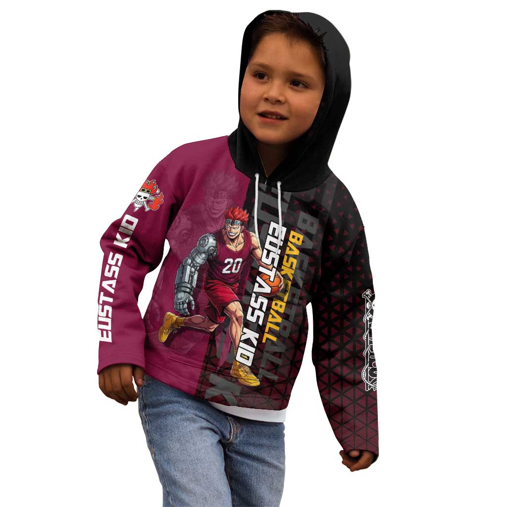 Eustass Kid One Piece Basketball Theme Red and Black Design Kid Hoodie with Flame Skull Emblem and Mechanical Arm Pose - The Mazicc