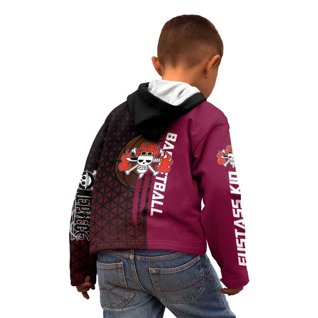 Eustass Kid One Piece Basketball Theme Red and Black Design Kid Hoodie with Flame Skull Emblem and Mechanical Arm Pose - The Mazicc