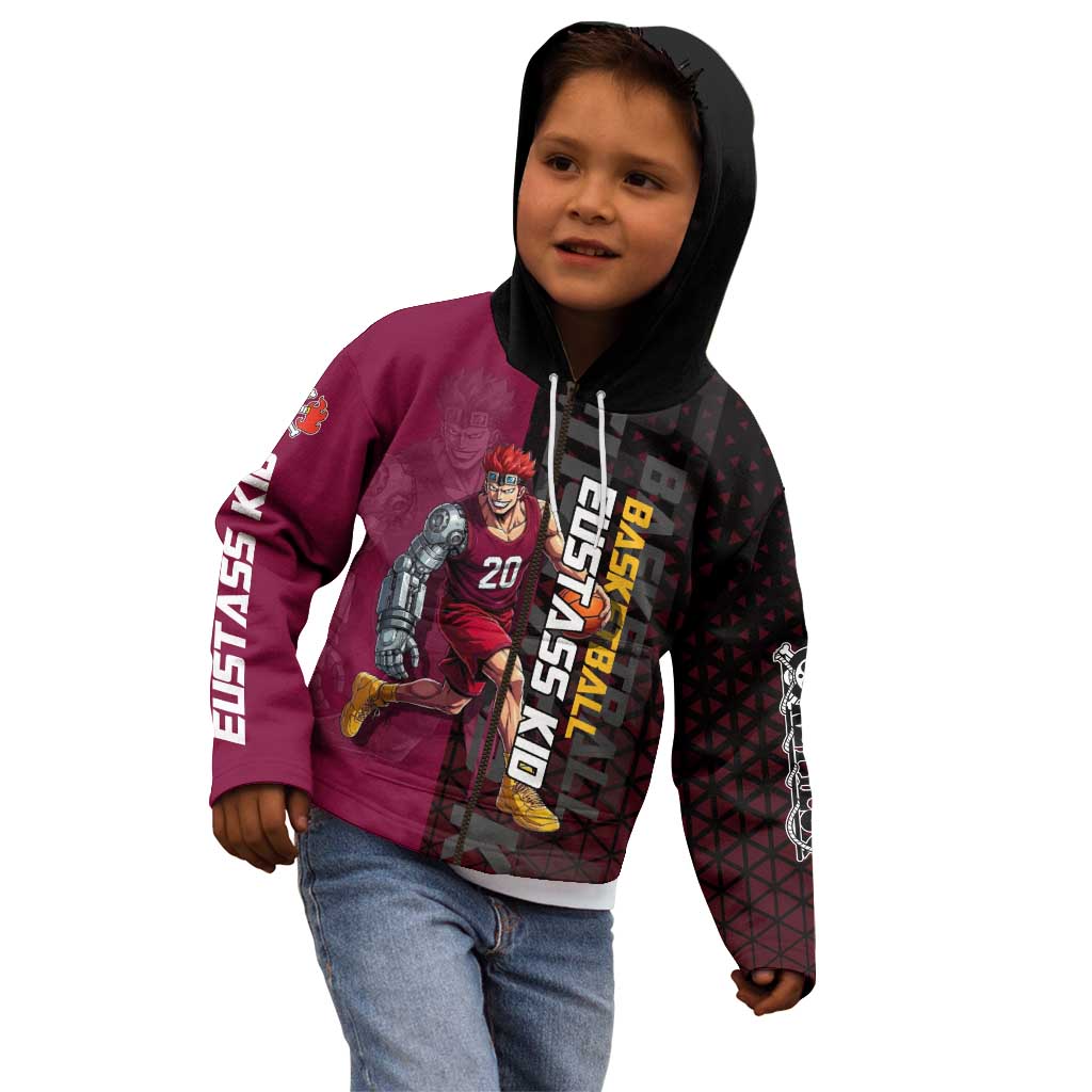 Eustass Kid One Piece Basketball Theme Red and Black Design Kid Hoodie with Flame Skull Emblem and Mechanical Arm Pose - The Mazicc