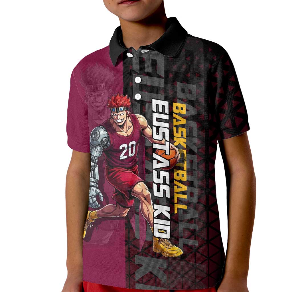 Eustass Kid One Piece Basketball Theme Red and Black Design Kid Polo Shirt with Flame Skull Emblem and Mechanical Arm Pose - The Mazicc