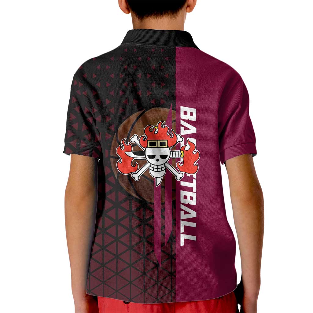 Eustass Kid One Piece Basketball Theme Red and Black Design Kid Polo Shirt with Flame Skull Emblem and Mechanical Arm Pose - The Mazicc