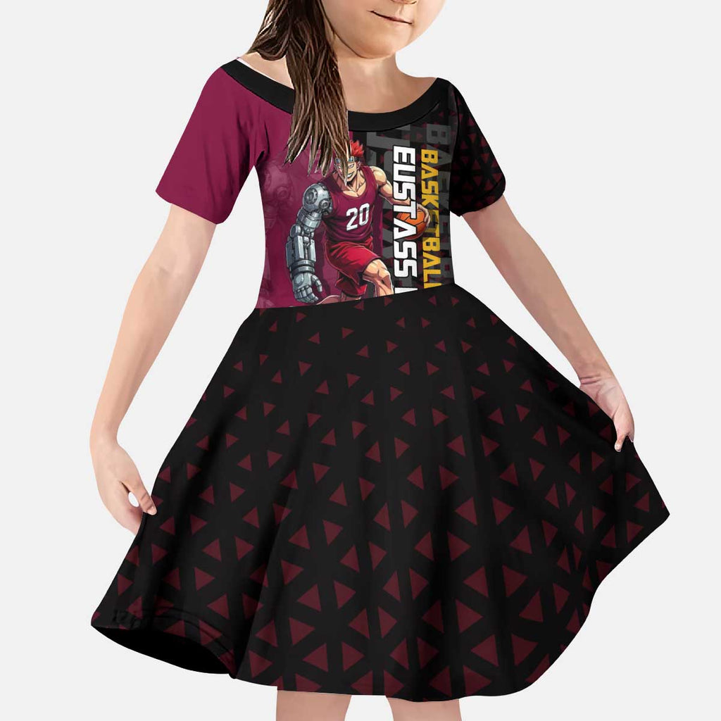 Eustass Kid One Piece Basketball Theme Red and Black Design Kid Short Sleeve Dress with Flame Skull Emblem and Mechanical Arm Pose - The Mazicc