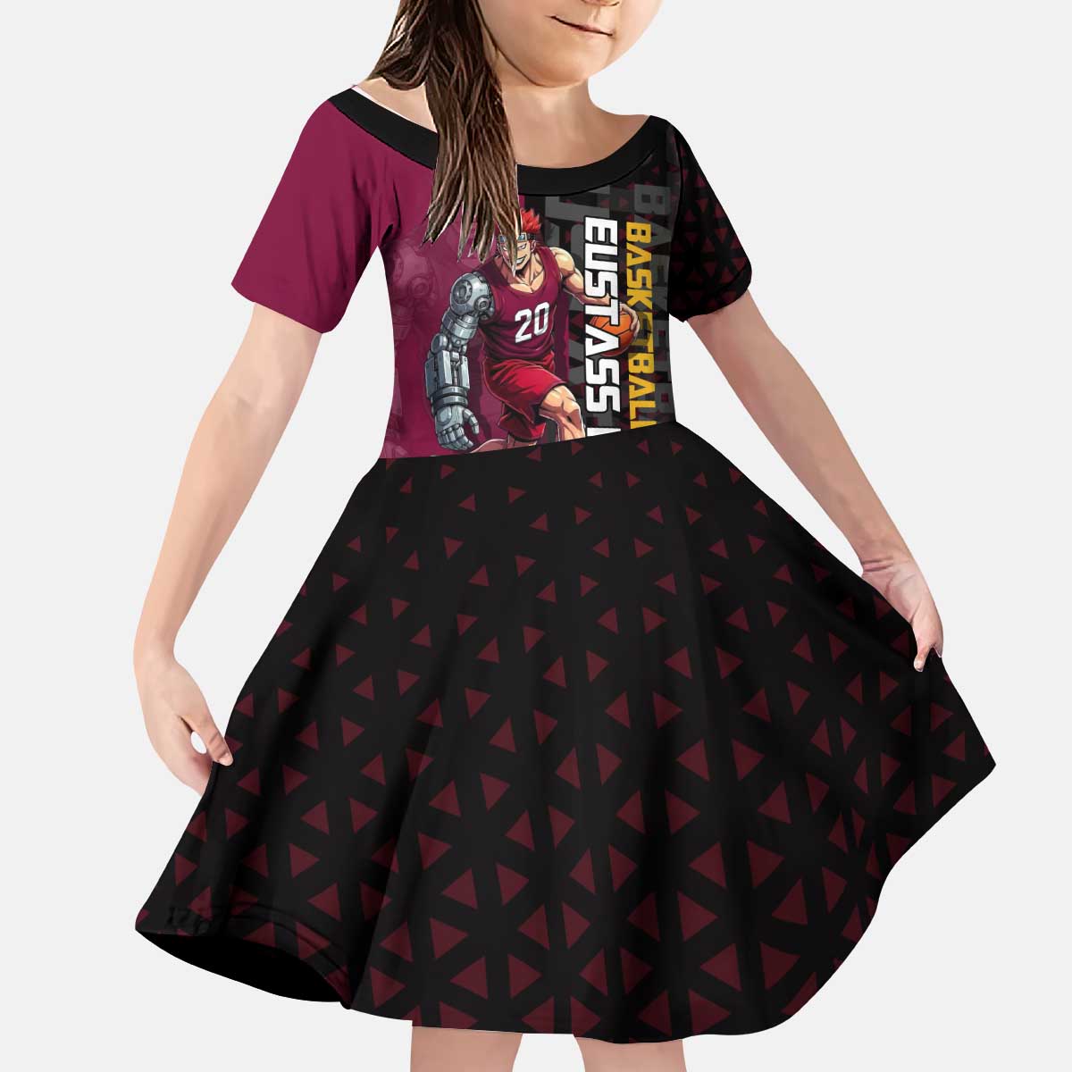 Eustass Kid One Piece Basketball Theme Red and Black Design Kid Short Sleeve Dress with Flame Skull Emblem and Mechanical Arm Pose - The Mazicc