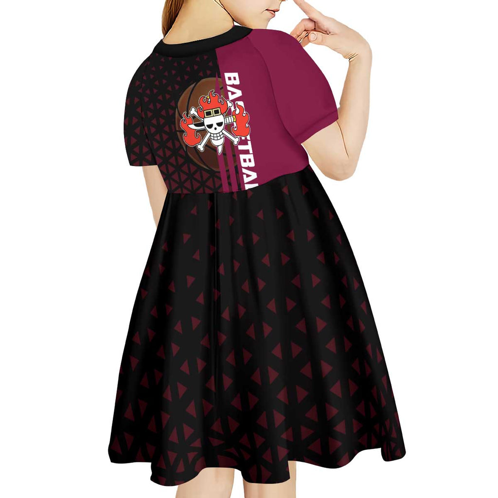 Eustass Kid One Piece Basketball Theme Red and Black Design Kid Short Sleeve Dress with Flame Skull Emblem and Mechanical Arm Pose - The Mazicc
