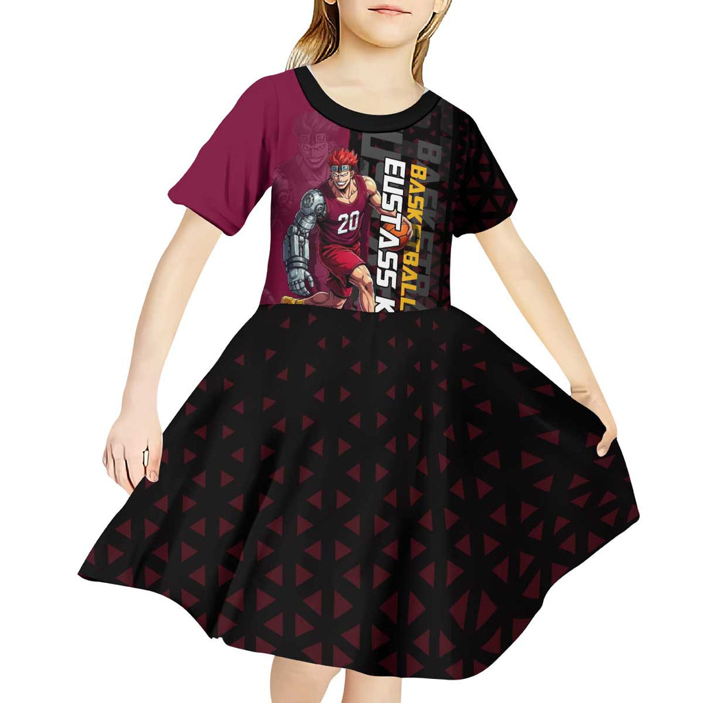 Eustass Kid One Piece Basketball Theme Red and Black Design Kid Short Sleeve Dress with Flame Skull Emblem and Mechanical Arm Pose - The Mazicc